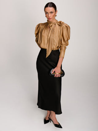 Bow Neck Puff Sleeve Satin Blouse, Golden Mocha
