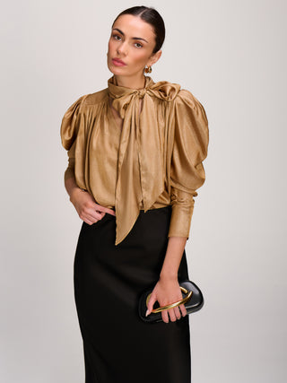 Bow Neck Puff Sleeve Satin Blouse, Golden Mocha