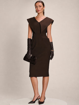 Statement Collar Hourglass Midi Dress, Chocolate Brown