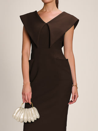 Statement Collar Hourglass Midi Dress, Chocolate Brown