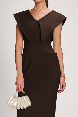 Statement Collar Hourglass Midi Dress, Chocolate Brown