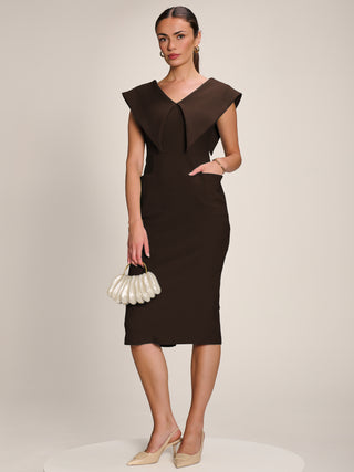 Statement Collar Hourglass Midi Dress, Chocolate Brown