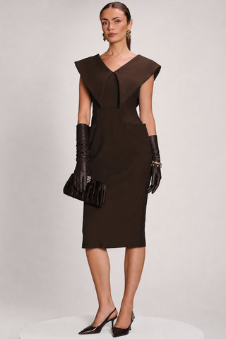 Statement Collar Hourglass Midi Dress, Chocolate Brown