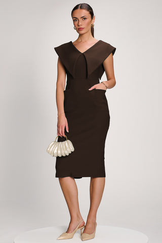 Statement Collar Hourglass Midi Dress, Chocolate Brown