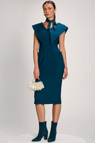 Statement Collar Hourglass Midi Dress, Dark Teal