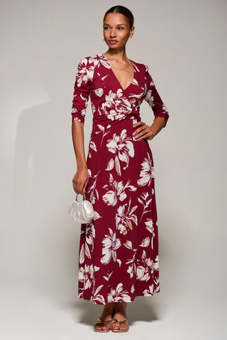 Jersey Ruched Waist Fit & Flare Maxi Dress, Burgundy Floral