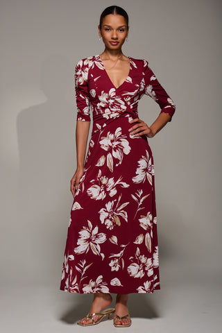 Jersey Ruched Waist Fit & Flare Maxi Dress, Burgundy Floral
