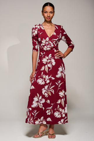 Jersey Ruched Waist Fit & Flare Maxi Dress, Burgundy Floral