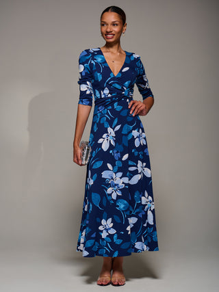 Jersey Ruched Waist Fit & Flare Maxi Dress, Navy Floral