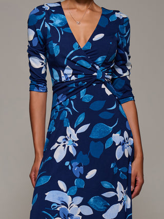 Jersey Ruched Waist Fit & Flare Maxi Dress, Navy Floral