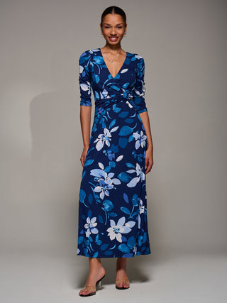 Jersey Ruched Waist Fit & Flare Maxi Dress, Navy Floral