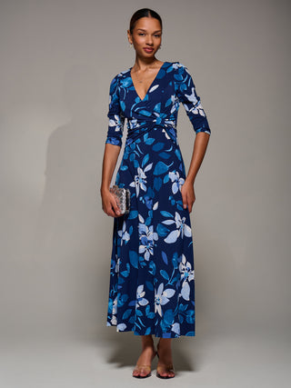 Jersey Ruched Waist Fit & Flare Maxi Dress, Navy Floral