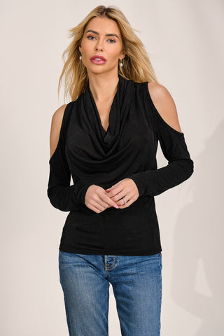 Cowl Neckline Cold Shoulder Jersey Top, Black