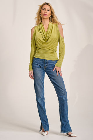 Cowl Neckline Cold Shoulder Jersey Top, Olive Green
