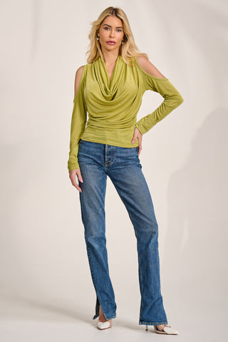 Cowl Neckline Cold Shoulder Jersey Top, Olive Green