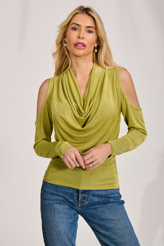Cowl Neckline Cold Shoulder Jersey Top, Olive Green