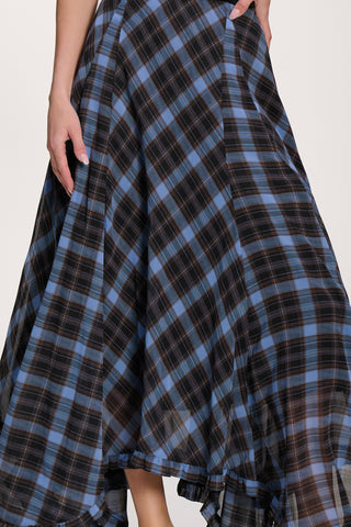 Checked Chiffon Hanky Hem Maxi Skirt, Blue Check
