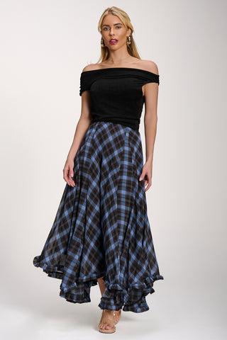 Checked Chiffon Hanky Hem Maxi Skirt, Blue Check