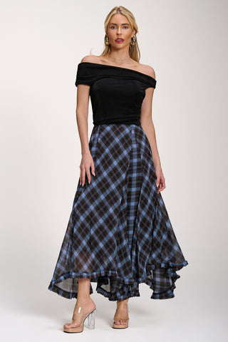 Checked Chiffon Hanky Hem Maxi Skirt, Blue Check