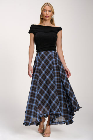 Checked Chiffon Hanky Hem Maxi Skirt, Blue Check