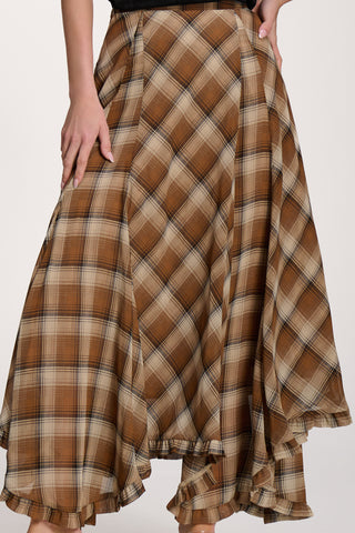 Checked Chiffon Hanky Hem Maxi Skirt, Brown Check