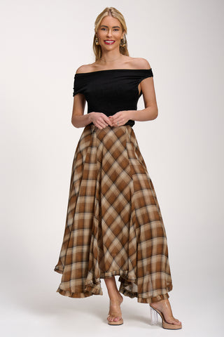 Checked Chiffon Hanky Hem Maxi Skirt, Brown Check