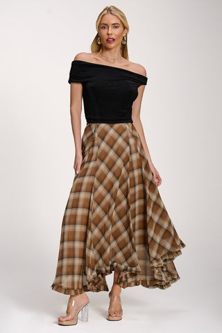 Checked Chiffon Hanky Hem Maxi Skirt, Brown Check