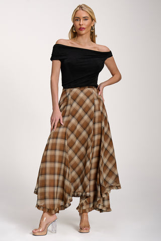 Checked Chiffon Hanky Hem Maxi Skirt, Brown Check
