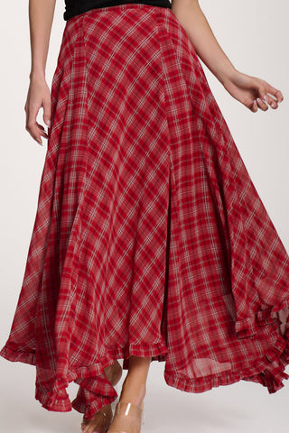 Checked Chiffon Hanky Hem Maxi Skirt, Red Check