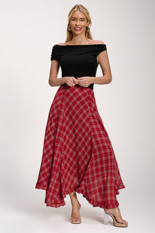Checked Chiffon Hanky Hem Maxi Skirt, Red Check