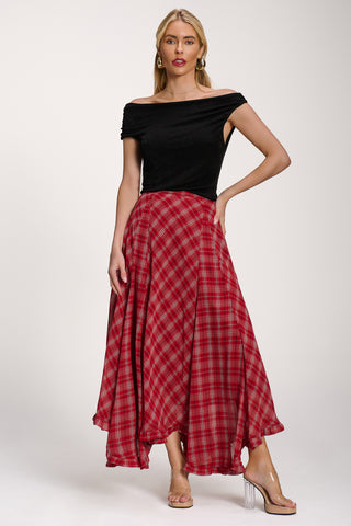 Checked Chiffon Hanky Hem Maxi Skirt, Red Check