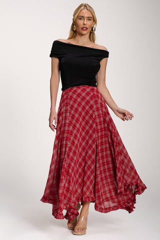 Checked Chiffon Hanky Hem Maxi Skirt, Red Check