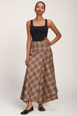 Check Asymmetric Woven Maxi Skirt, Brown Check
