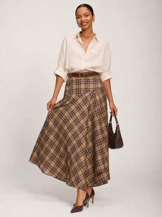 Check Asymmetric Woven Maxi Skirt, Brown Check