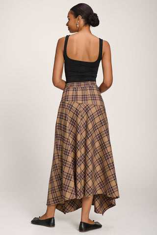 Check Asymmetric Woven Maxi Skirt, Brown Check