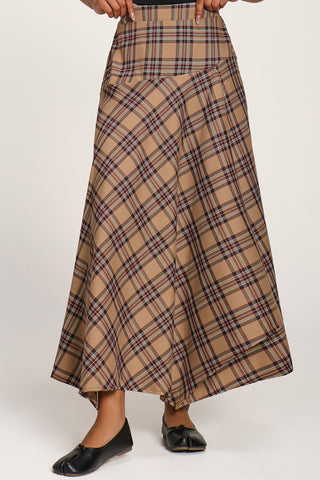 Check Asymmetric Woven Maxi Skirt, Brown Check