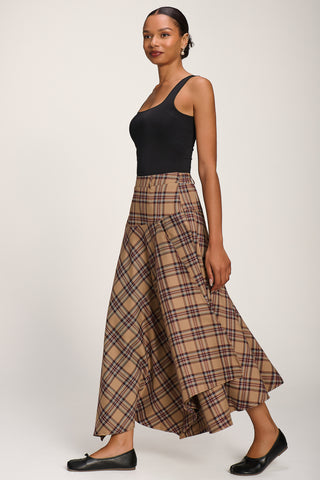 Check Asymmetric Woven Maxi Skirt, Brown Check