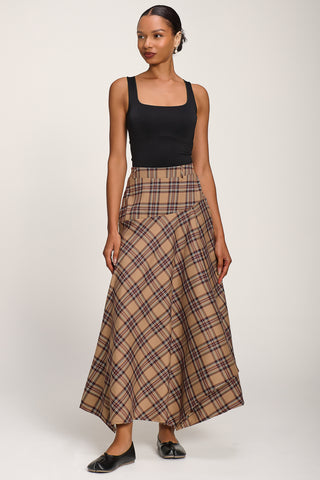 Check Asymmetric Woven Maxi Skirt, Brown Check