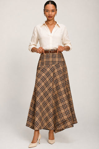 Check Asymmetric Woven Maxi Skirt, Brown Check