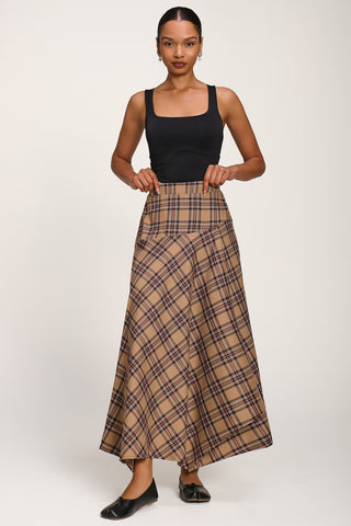 Check Asymmetric Woven Maxi Skirt, Brown Check