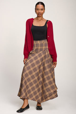 Check Asymmetric Woven Maxi Skirt, Brown Check