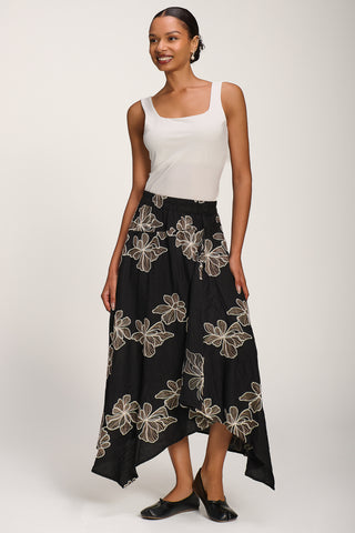 Asymmetric Embroidered Midi Skirt, Black
