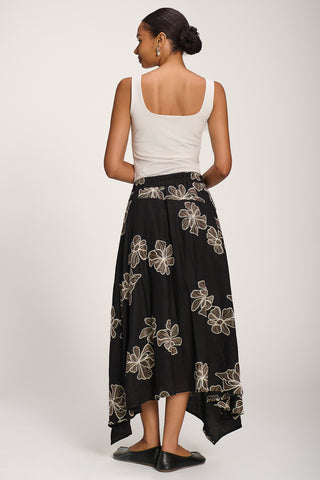 Asymmetric Embroidered Midi Skirt, Black