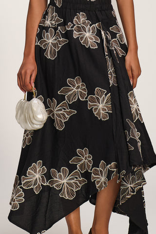 Asymmetric Embroidered Midi Skirt, Black