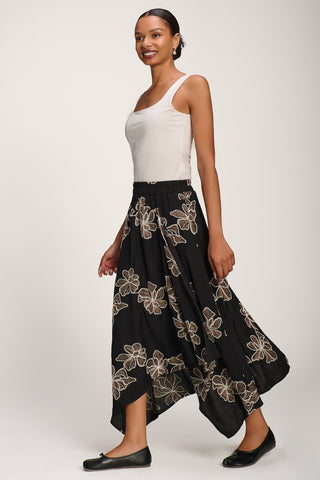 Asymmetric Embroidered Midi Skirt, Black