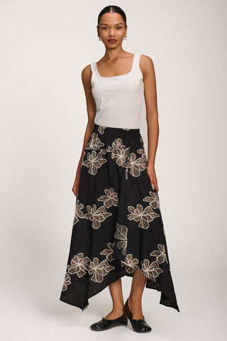 Asymmetric Embroidered Midi Skirt, Black