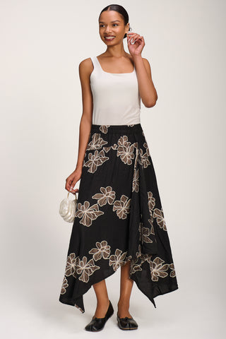 Asymmetric Embroidered Midi Skirt, Black