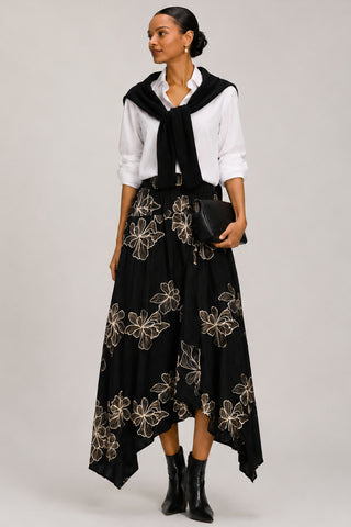 Asymmetric Embroidered Midi Skirt, Black
