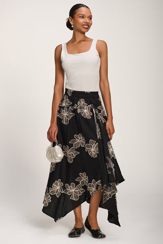 Asymmetric Embroidered Midi Skirt, Black