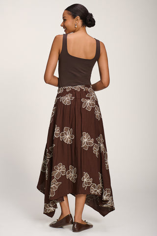 Asymmetric Embroidered Midi Skirt, Cocoa Brown